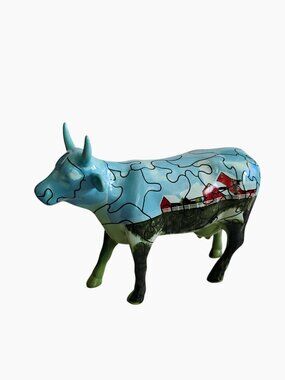 Cow Parade Puzzled Cow Figurine, Vintage 2001, Red Barn Farmhouse Jigsaw Puzzle